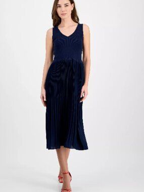 Tahari Navy pleated maxi dress
